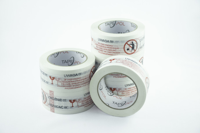 Tapepol - Biała taśma z napisami "OSTROŻNIE!!! NIE RZUCAĆ!!!" Super mocna, akrylowa taśma pakowa 45 mic*48mm*100m
