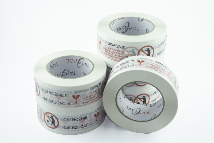 Tapepol - Biała taśma z napisami "OSTROŻNIE!!! NIE RZUCAĆ!!!" Super mocna, akrylowa taśma pakowa 45 mic*48mm*150m